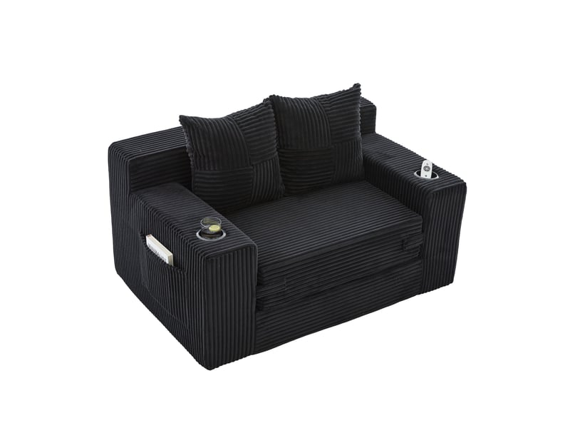  Canapé-lit tcqpz 2 places 151 x 133 x 64 cm avec poches latérales porte-gobelet velours côtelé noir  - Conforama A