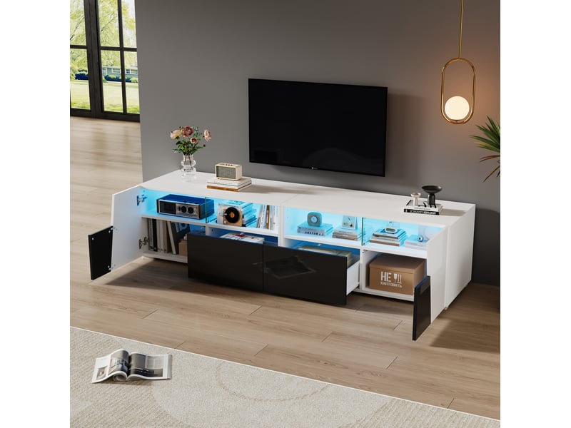  Meuble tv modenvie led 180 x 38,5 x 45 cm mdf et verre blanc et noir  - Conforama E