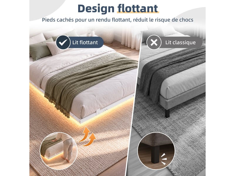  140x200cm-led-plateau de table pour tête de lit-cadre de lit tapissier- lit double-led-usb-type-c, blanc  - Conforama E