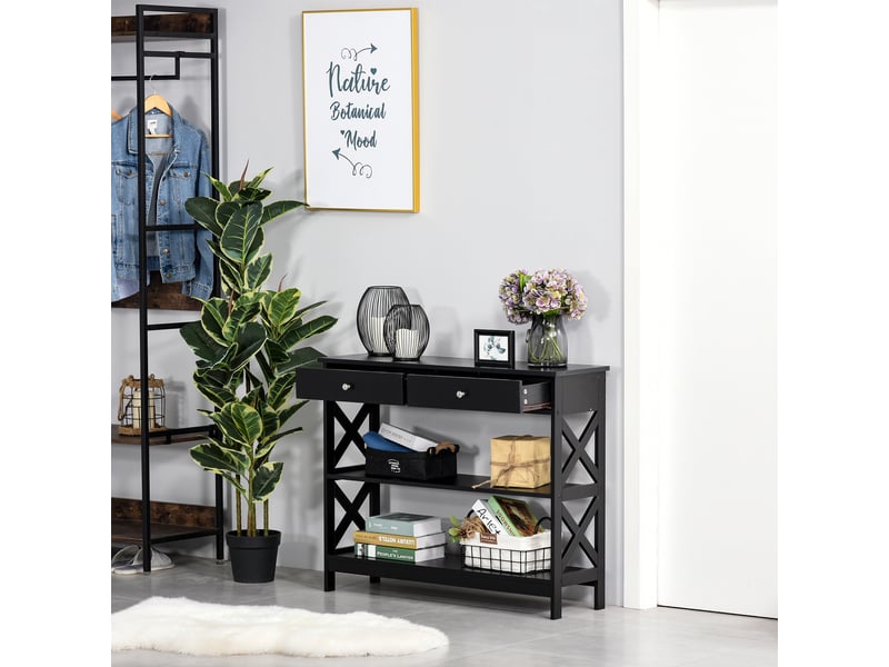  Table de console table d'entrée style table de drapier néo-rétro 2 tiroirs 2 étagères dim. 100l x 30.5l x 80h cm mdf noir  - Conforama D
