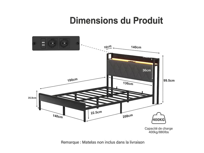 Lit double 140x190 avec tête de lit capitonnée led et station de charge usb - cadre métal noir gris  - Conforama C