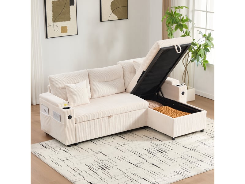  Canapé d'angle 3 places modenvie en velours côtelé beige avec méridienne, rangement, lit tiroir et usb c  - Conforama E
