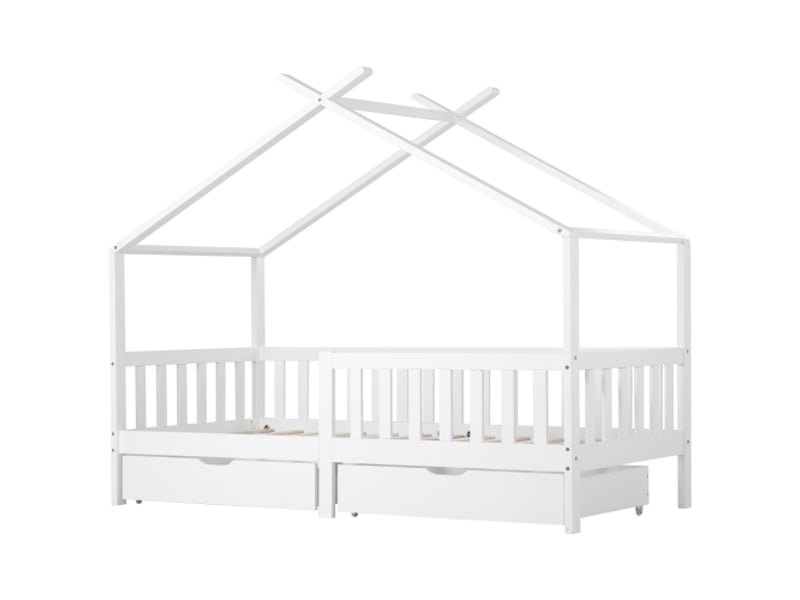  Lit cabane 90x200 cm, lit enfant avec 2 tiroirs et barriéres de sécurité, en bois, blanc, sans matelas  - Conforama E