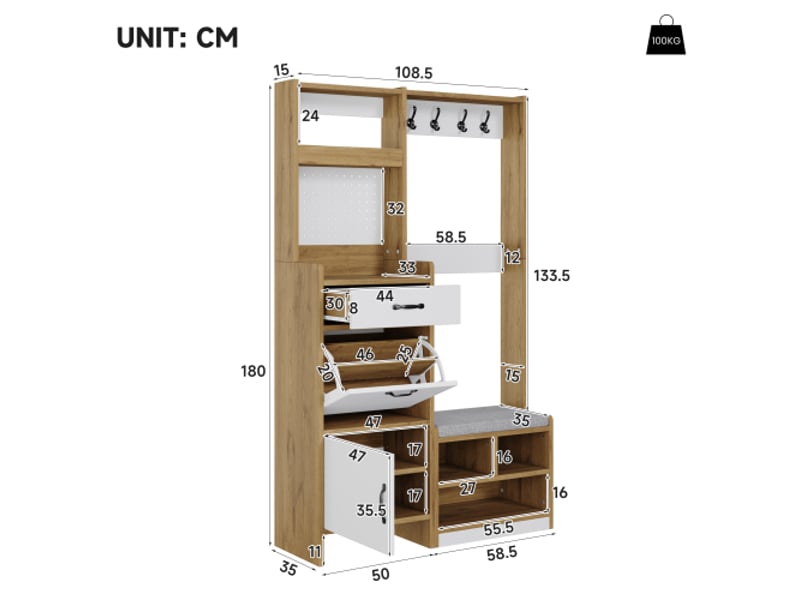 Armoire d'entrée moderne avec banc et rangement – crochets, tiroir, espace ouvert | chêneblanc 108,5×35×180 cm - Conforama C