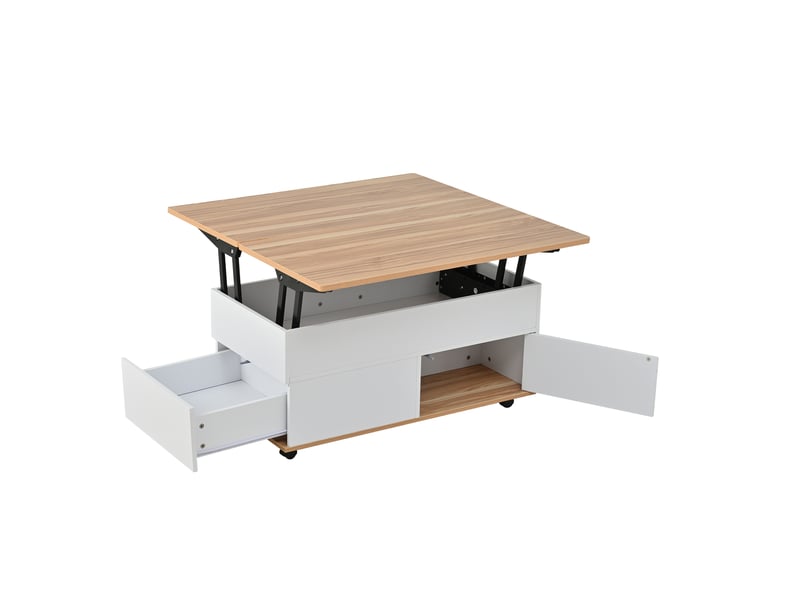  Table basse 100 x 98 x 65 cm, réglable en hauteur, avec rangement dissimulé et étagère, table de salon à roulettes et tiroirs, table à manger multifonctionnelle avec grand espace de rangement, blanc et bois naturel  - Conforama D
