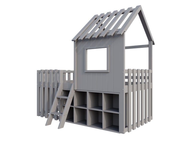  Lit cabane enfant 90x200 cm avec multiples rangements et échelle d'escalade, en bois, gris, sans matelas  - Conforama E