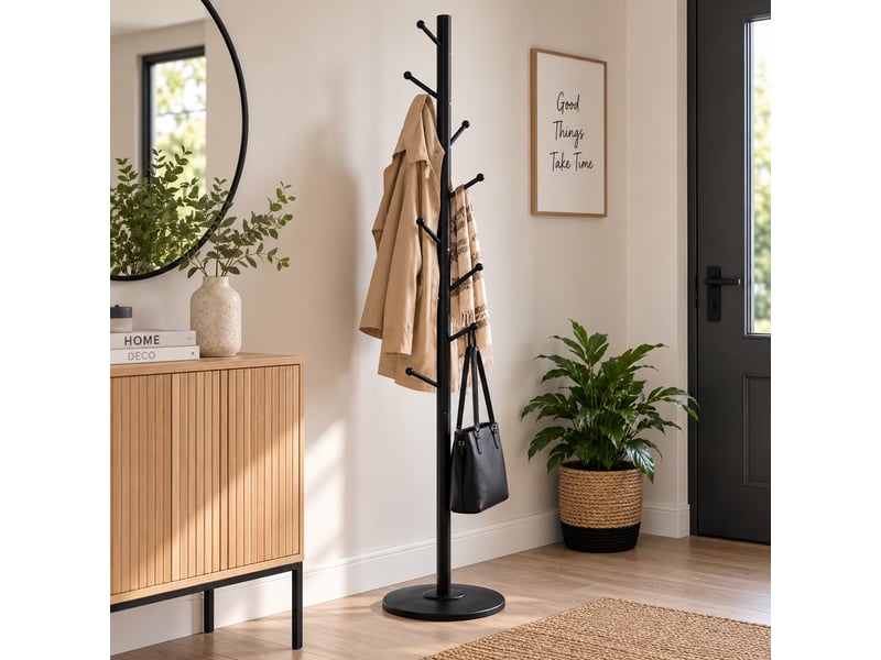 Portemanteau sur pieds en métal noir avec 8 armes pour entrée & chambre – longueur 37 x profondeur 37 x hauteur 175 cm - Conforama B