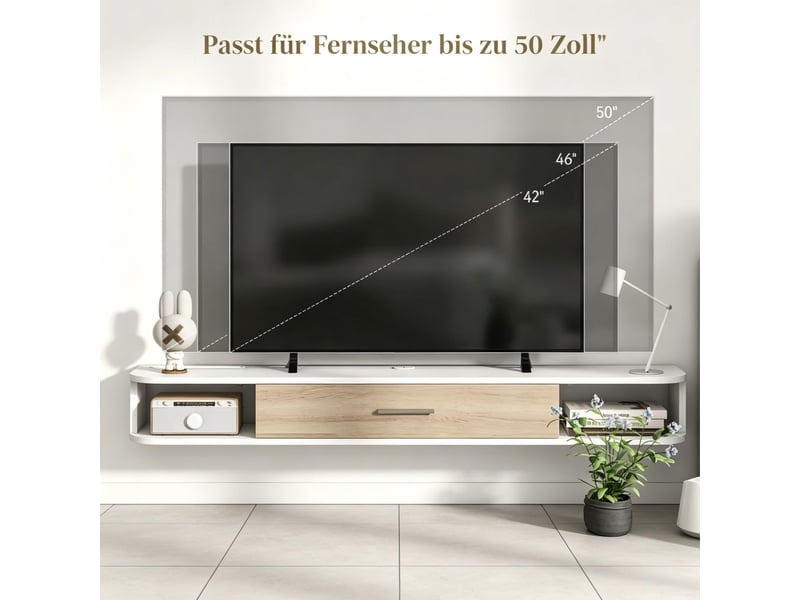  Meuble tv mural pour téléviseurs jusqu'à 50 pouces, banquette tv, 120 x 26 x 16 cm, mdf, pour salon, blanc  - Conforama R