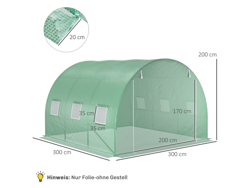  Film de remplacement pour serre de 3 x 3 x 2 m, robuste, indéchirable, 6 fenêtres, porte, film seul, vert  - Conforama E