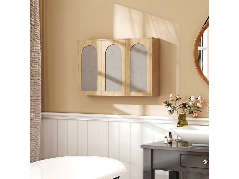 Armoire murale de salle de bain bohème avec 3 portes effet rotin à fermeture douce et étagère réglable, chêne - Conforama B