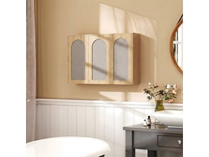 Armoire murale de salle de bain bohème avec 3 portes effet rotin à fermeture douce et étagère réglable, chêne