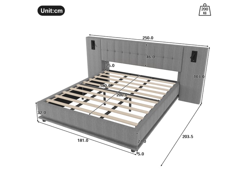  Lit 2 places 180x200 cm avec led, liseuses et usb coloris gris  - Conforama C