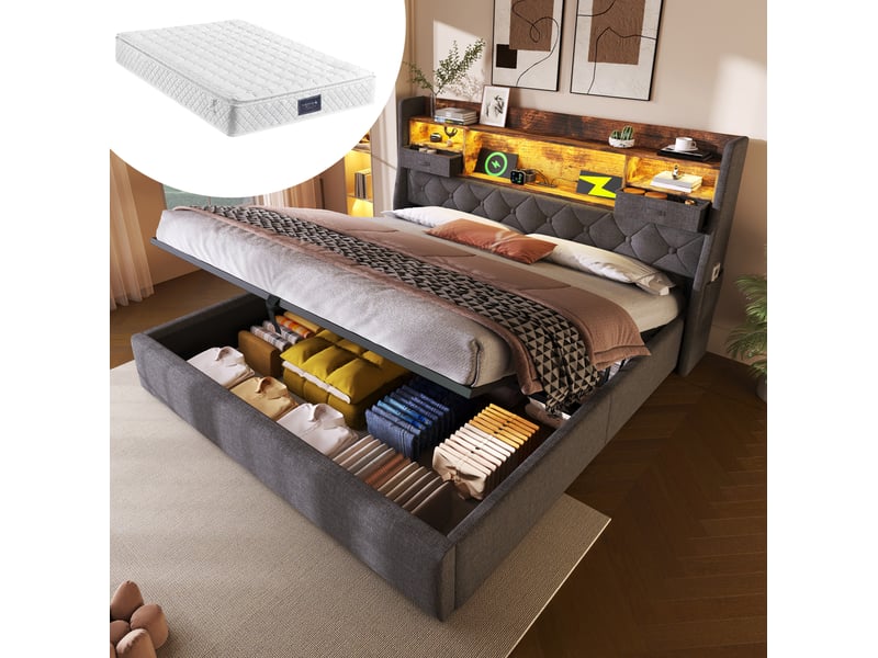  Lit coffre 160 × 200 cm 2 places avec led, usb, type-c, rangement hydraulique, matelas inclus, tissu gris  - Conforama B
