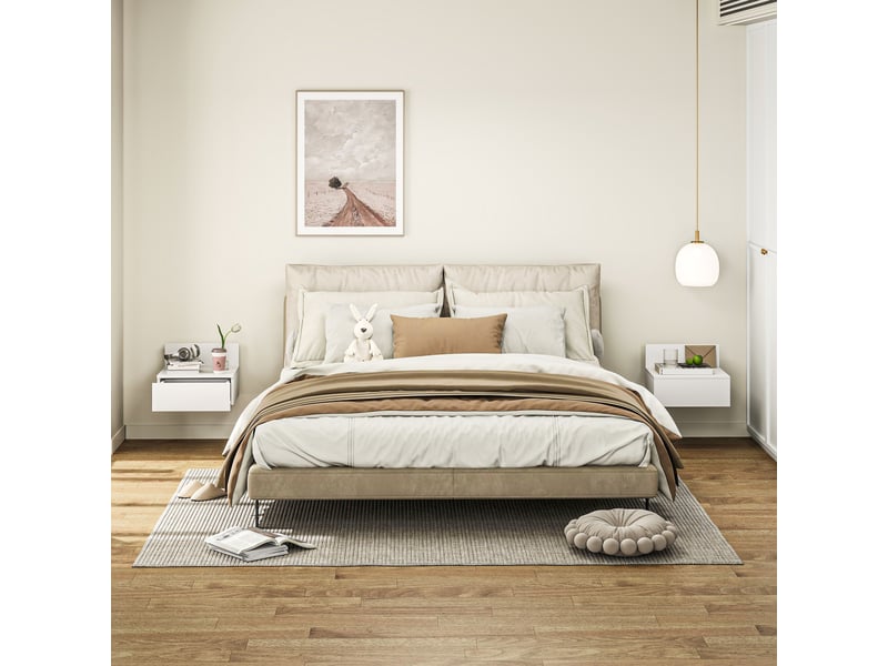  Ensemble de 2 tables de chevet suspendues avec tiroir, 43 x 36,5 x 30,5 cm, blanches  - Conforama D