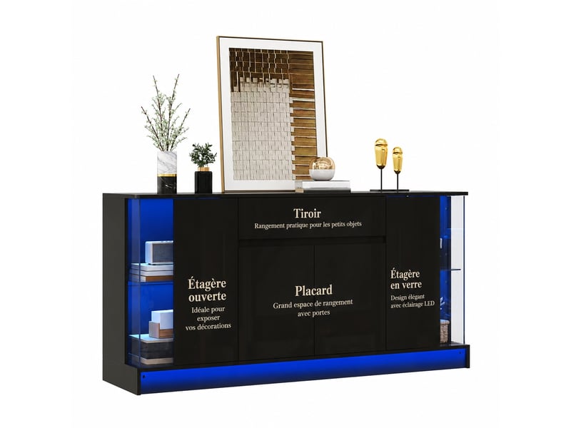 Buffet noir avec vitrines en verre, éclairage led contrôlé par application, 150 cm - Conforama A