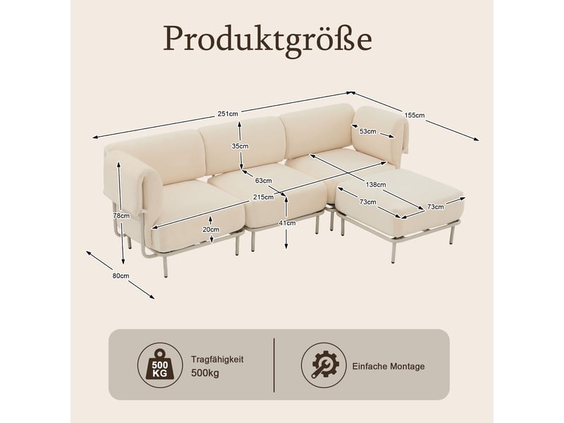 Canapé d'angle modulable 3 places en tissu chenille beige, avec pouf, 251×155×78 cm, design nordique - Conforama C