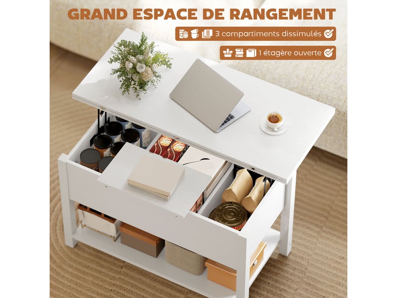  Table basse relevable et extensible avec rangements mdf blanc 100x45x50,5 cm  - Conforama E