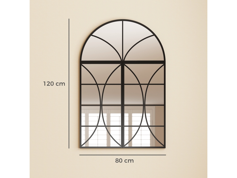  Miroir mural arqué 80 x 120 cm, lot de 3 pièces, miroir verrière en forme de fenêtre, noir, verre trempé et métal  - Conforama C