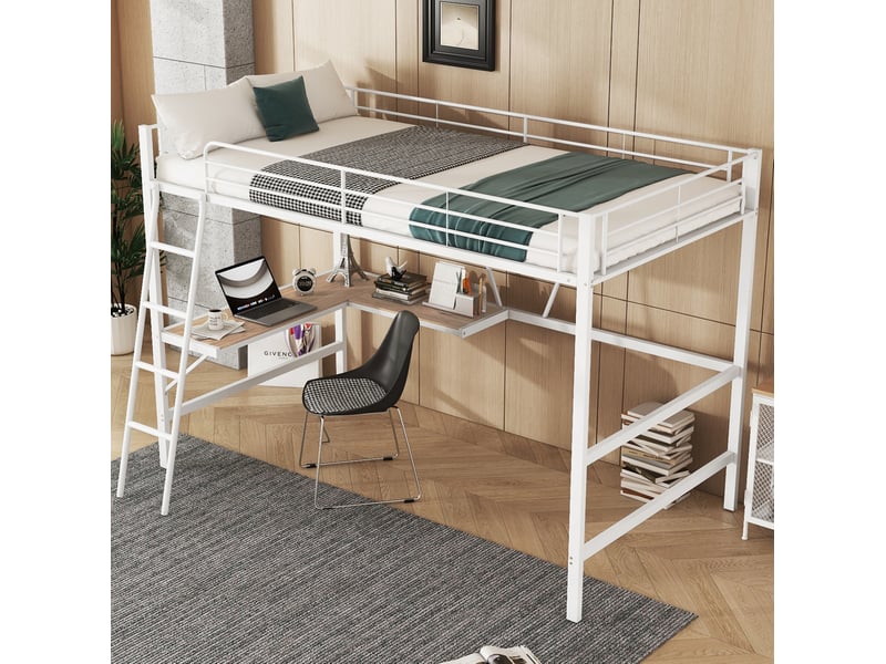  Lit mezzanine 90x200cm, sommier, escalier, bureau, lit simple, étagère rangement, lit métal, mdf, blanc sans matelas  - Conforama D