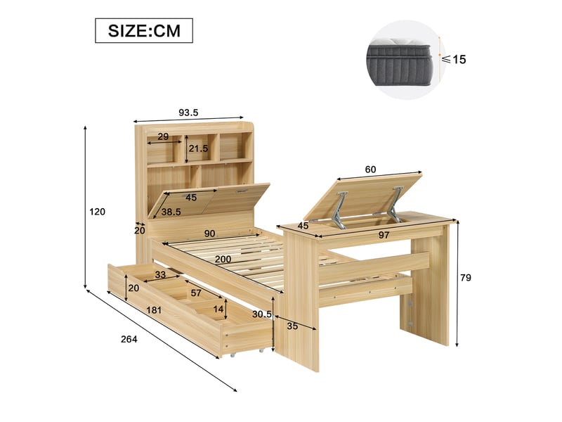 Lit enfant simple 90x200 cm, rangement, table rabattable, tête de lit rangement, structure bois, naturel, sans matelas  - Conforama C