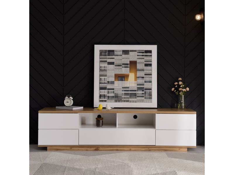  Meuble tv 180 cm moderne blanc et bois pour écran 70-79 pouces  - Conforama B
