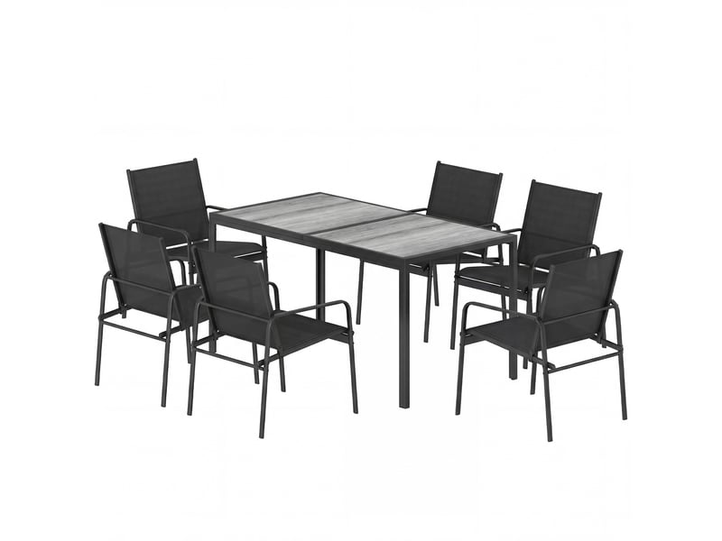  Salon de jardin extérieur pour 6 personnes, table de patio effet bois et chaises avec assise en maille respirante, cadre en acier galvanisé, noir  - Conforama B