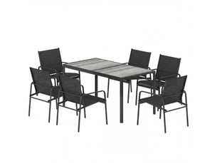 Salon de jardin extérieur pour 6 personnes, table de patio effet bois et chaises avec assise en maille respirante, cadre en acier galvanisé, noir