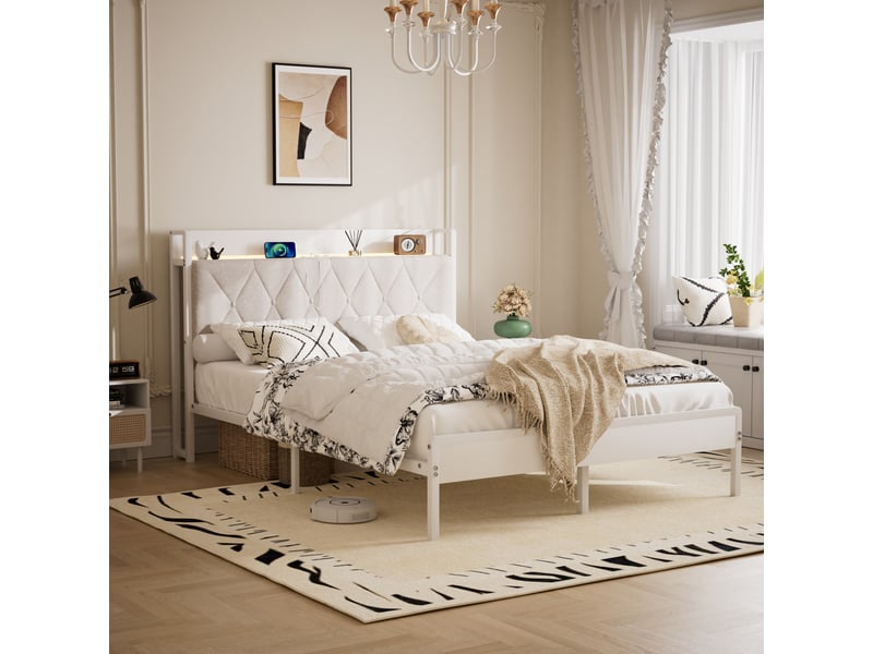  Lit rembourré 140x190 cm avec led multicolore,2 prises secteur+2 usb,rangement sous lit 22,5 cm,structure métal,blanc  - Conforama B