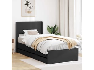Lit adulte, lit simple, cadre de lit avec rangement et tête de lit noir 90x200cm cf1820