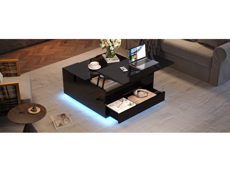  Table basse carrée 70x70x38 cm noire en panneau de particules avec plateau relevable led et rangement dissimulé tiroir evarich - Conforama B