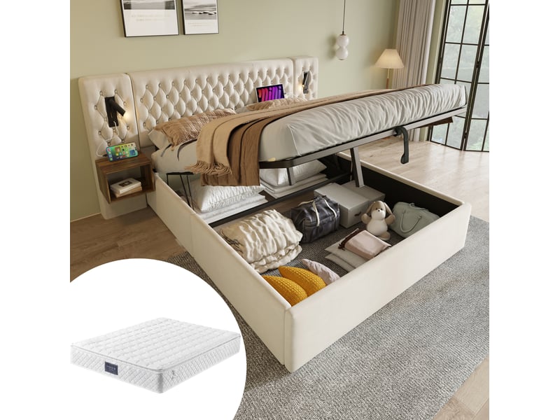  Lit coffre 160x200 cm avec 2 tables de chevet, lampes de lecture et ports usbtype-c, beige, velours  - Conforama B