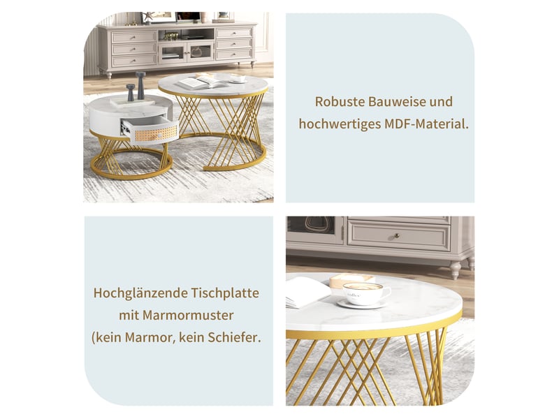  Table basse ronde, 70x70x45,5 cm, 2 pièces avec rangement, mdf, blanc  - Conforama E