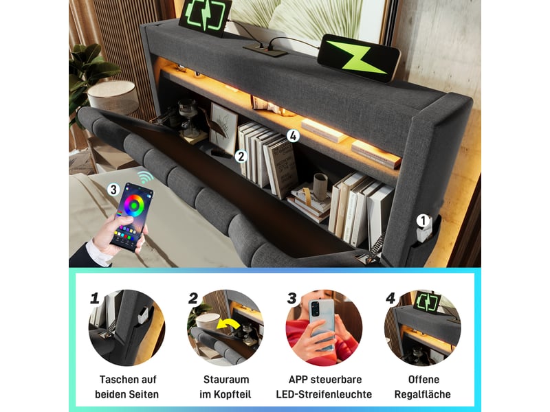  Lit coffre, lit enfant 90x200 cm, rangement hydraulique, tête de lit avec rangement, led tête et pied, lin gris, matelas inclus  - Conforama E