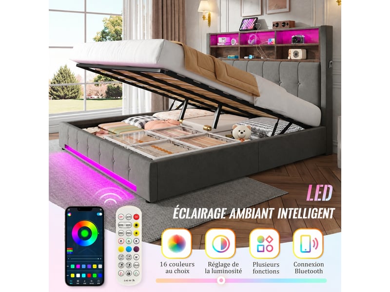 Lit coffre avec mécanisme hydraulique, velours, tête à 6 compartiments, usb-c et led, gris foncé, 180 x 200 cm - Conforama E