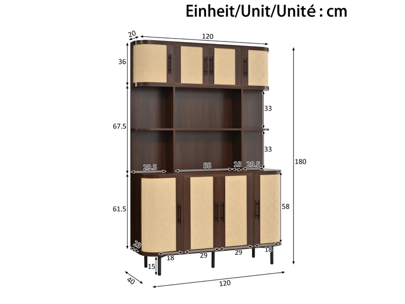 Buffet haut 8 portes rangement 120 x 180 cm noyer evryae - Conforama E