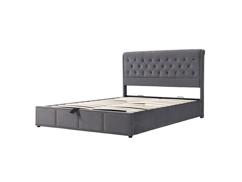  Lit coffre 140x190 cm avec levier hydraulique, rangement, velours gris, sommier inclus, sans matelas  - Conforama A