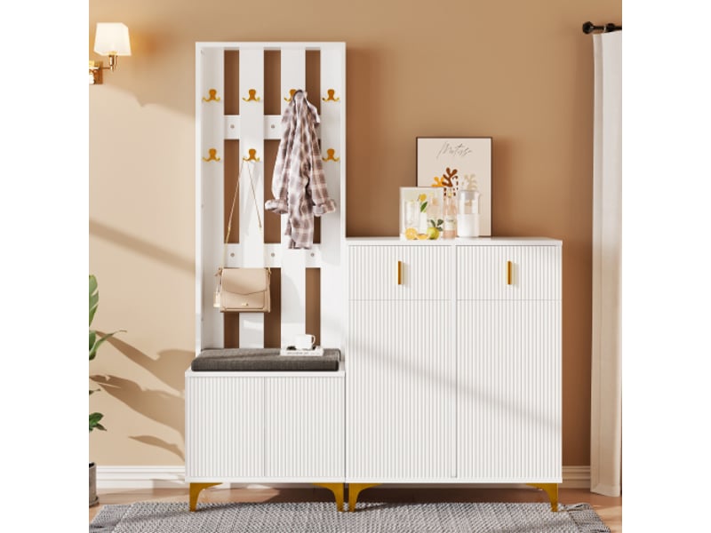  Ensemble dressing avec banc et coussins – façade avec crochets – meuble à chaussures avec tiroirs et portes  - Conforama B