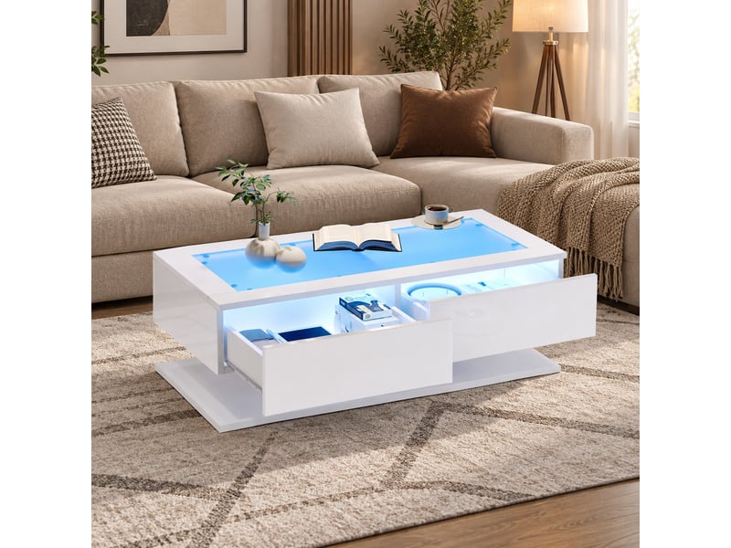  Table basse led blanche brillante avec plateau en verre trempé et 2 tiroirs, contrôle par application, 100x50x35 cm  - Conforama D