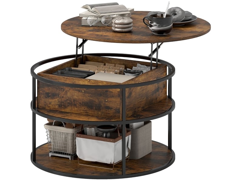  Table basse ronde relevable avec rangement caché et tablette ouverte en panneau de particules, marron, pour salon  - Conforama A