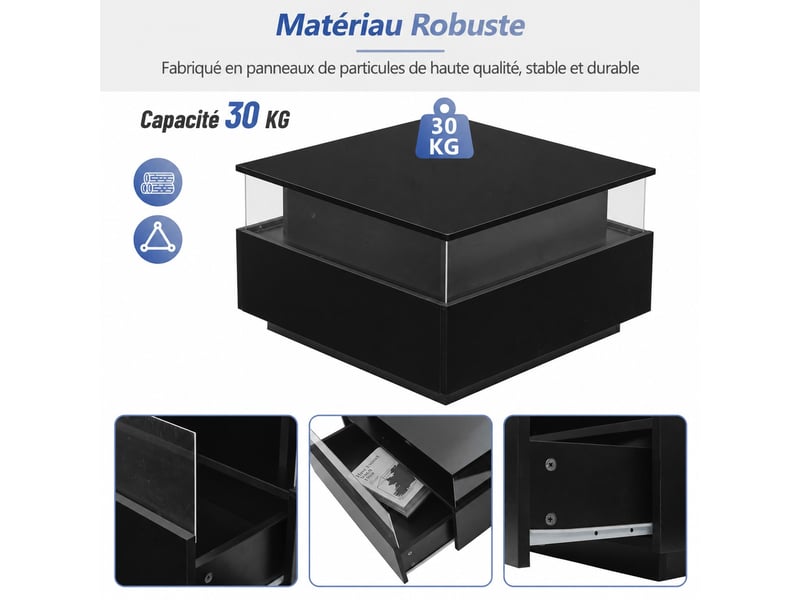  Table basse led noire brillante 70x70x41 cm, table de salon carrée avec 2 tiroirs  - Conforama B