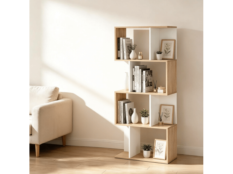  Bibliothèque en s avec 4 étagères, rangement ouvert bicolore bois naturel et blanc  - Conforama B