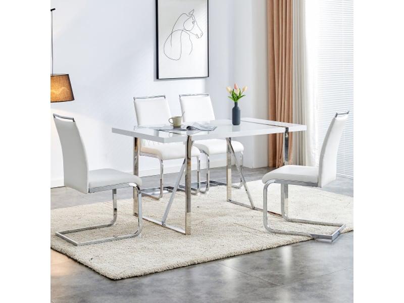  Lot de 4 chaises de salle à manger en similicuir blanc et lin avec dossiers hauts, rayures horizontales, sans accoudoirs  - Conforama C