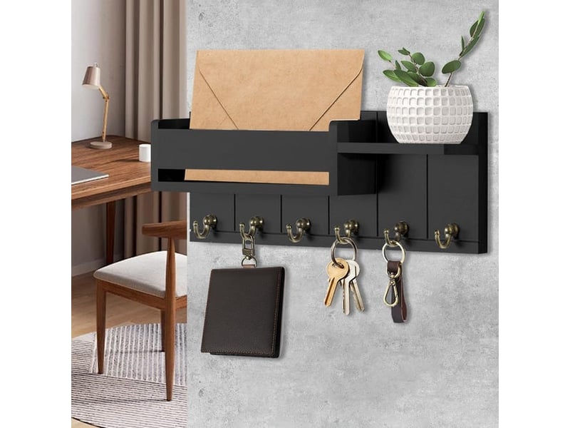 Bois boite a clef, boîte à clés en bois avec 6 crochets à clés, boîte à clés moderne, porte-clés mural pour salon, cuisine, chambre à coucher, noir XLH-ZLS-014407ZLS - Conforama E