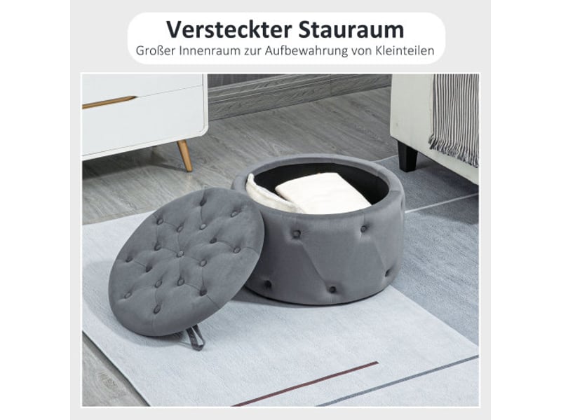  Pouf rond gris effet velours avec rangement et couvercle, ø60x40 cm, pour salon et chambre  - Conforama D