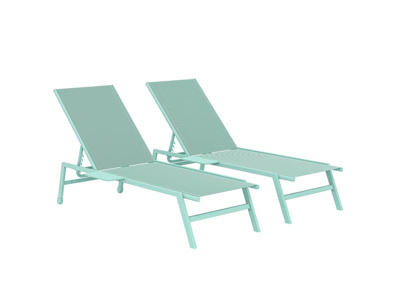 Ensemble de 2 chaises longues réglables en 5 positions avec table d'appoint et 2 roulettes, en métal et polyester, vert - Conforama A