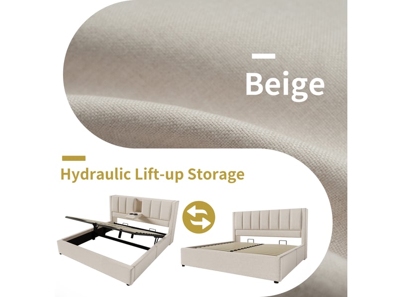  Lit coffre double 140×200 cm avec usb, type-c et porte-gobelets - okmyhome- beige, matelas inclus  - Conforama E