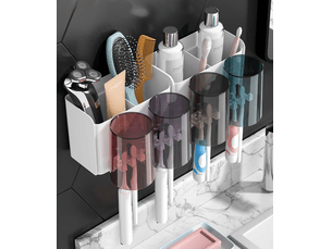 Porte-brosse à dents sans perforation, organisateur de salle de bain multifonctionnel avec fentes pour tasse et tête de brosse à dents.