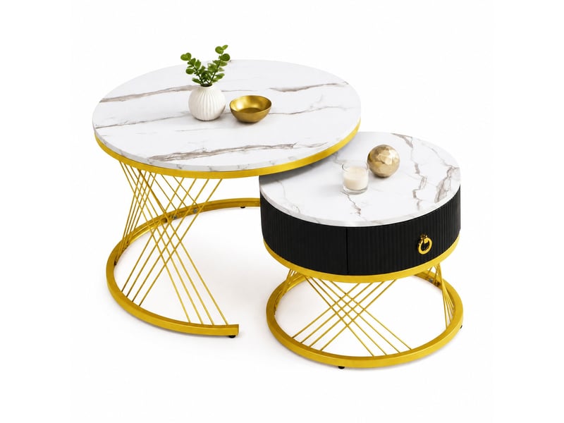  Lot de 2 tables basses gigognes avec tiroir, effet marbre blanc et doré  - Conforama A