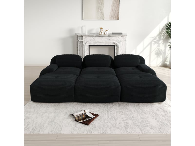 Canapé modulaire 3 places 298x178x70 cm, trois poufs, larges accoudoirs, assise 32d, velours côtelé, noir - Conforama D