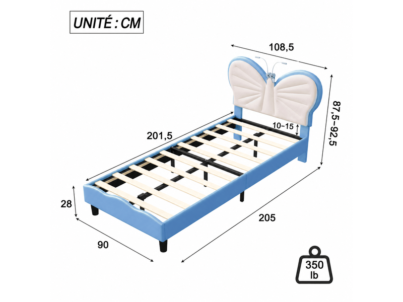 Lit enfant 90x200 avec liseuse, lits 1 personne avec tête de lits réglable en hauteur en forme de papillon, lit capitonné pour fille adolescent, velours, sans matelas (blanc + bleu) - Conforama C